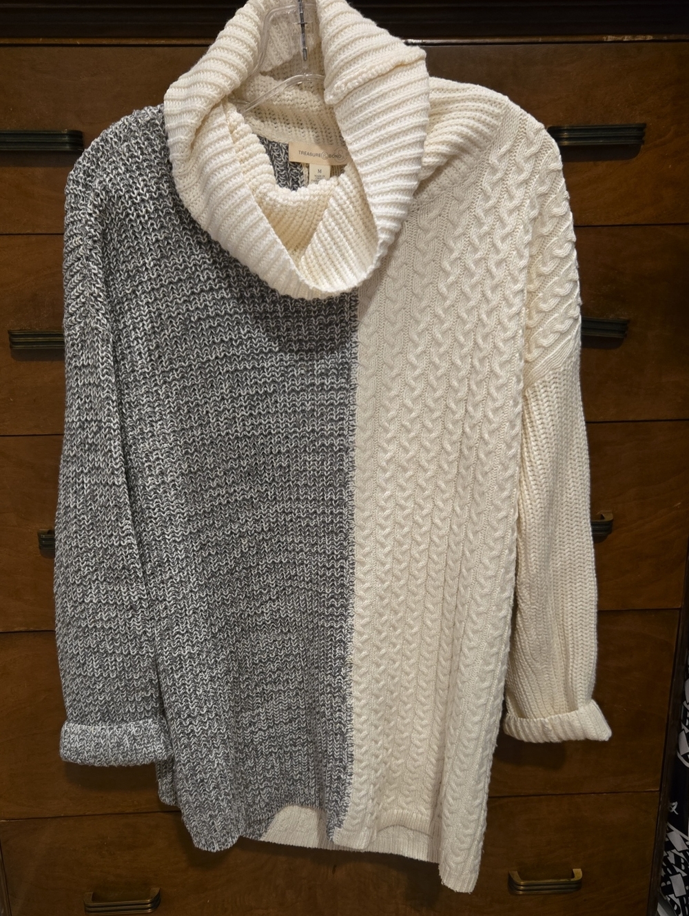 Treasure & Bond Two-Tone Cowl Neck Sweater in Cream and Gray